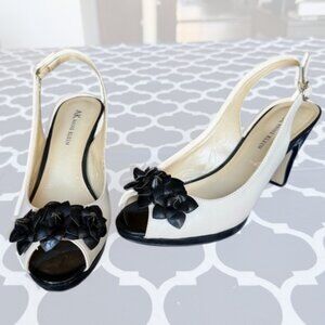 Anne Klein Essence Slingback Peep Toe Heels Ivory & Black Dress Pumps Size 7.5